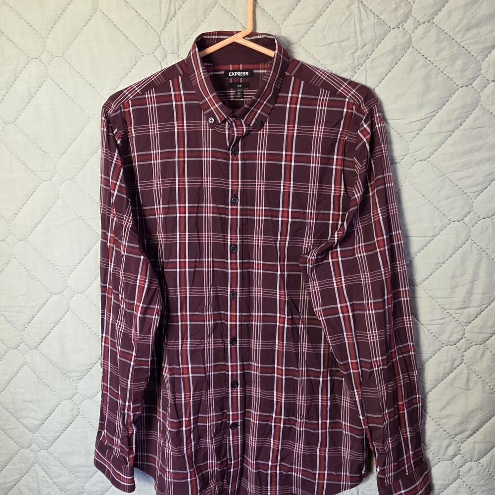 Express Red Plaid Shirt Mens Size L Slim Button Up Long Sleeve Collared